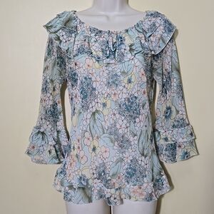 Vintage Silk Y2K Floral Fairy Top Sheer Ruffle Neckline Romantic Feminine
